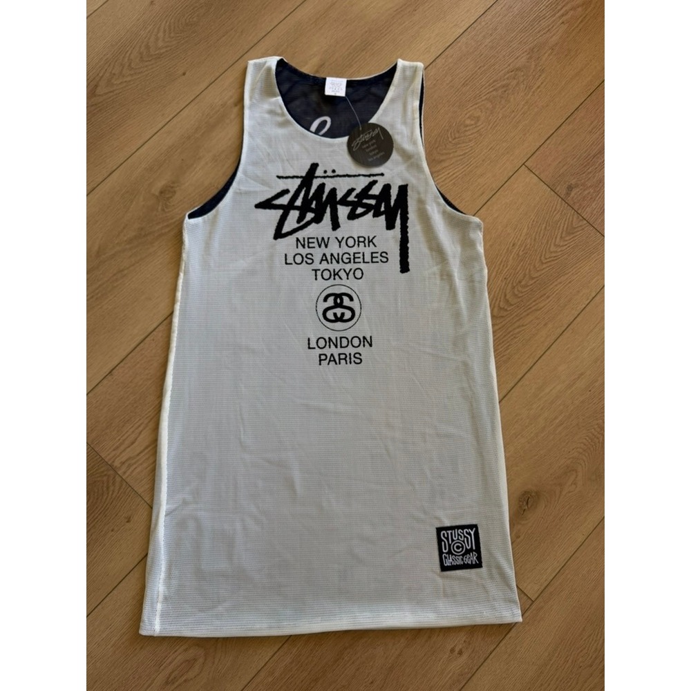 Stussy Mesh Reverse Dress Navy White World Tour Graphic Sleeveless Tunic L NEW